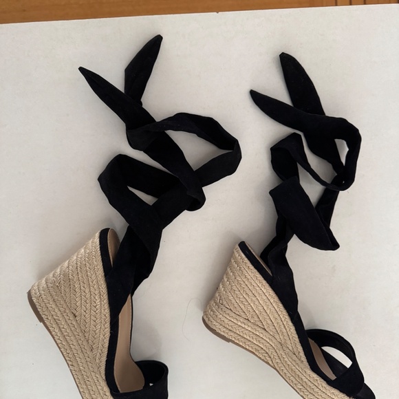 Black Espadrilles Ankle ribbon Tie Lace Up Platform Wedges sz 7 high heel shoes - Picture 6 of 13